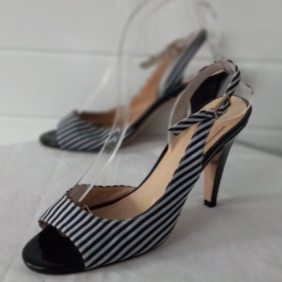 Kate Spade Slingback Heels Sz 6.5 B Black White Pinstripe Made in Italy - Picture 2 of 11